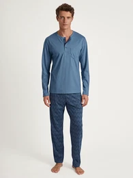 Pyjama Relax Imprint 2 , Herren, Gr. S (46/48), blau (coronet blau), Single Jersey, Obermaterial: 100% Baumwolle, unifarben, gemustert, klassisch, bequem lang, Rundhals, Langarm, Homewear-Sets, mit aufgesetzer Brusttasche