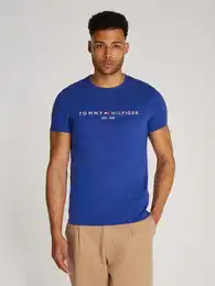 T-Shirt TOMMY LOGO TEE , Herren, Gr. L, blau (wedge blau), Jersey, Obermaterial: 100% Baumwolle, unifarben, bedruckt, casual, schmal hftbedeckend, Rundhals, Kurzarm eingesetzt abgesteppt, Shirts, aus reiner, nachhaltiger Baumwolle