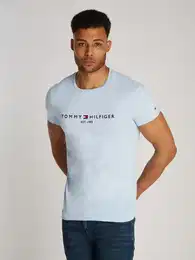 T-Shirt TOMMY LOGO TEE , Herren, Gr. S, blau (breezy blau), Jersey, Obermaterial: 100% Baumwolle, unifarben, bedruckt, casual, schmal hftbedeckend, Rundhals, Kurzarm eingesetzt abgesteppt, Shirts, aus reiner, nachhaltiger Baumwolle