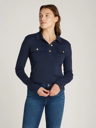 Poloshirt SLIM GOLD BTN POLO LS , Damen, Gr. XXXL (46), blau (schwarz night navy), Single Jersey, Obermaterial: 100% Baumwolle, unifarben, casual, slim fit hftlang, Langarm abgesteppt, Shirts, mit Brusttaschen, goldfarbenen Knpfen