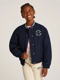 Bomberjacke VARSITY SATEEN BOMBER , Mdchen, Gr. 8 (128), blau (schwarz night navy), Web, Obermaterial: 100% Polyester, unifarben, loose fit, Langarm elastischer Bund, Jacken, mit Logo-Druck auf der Brust