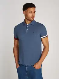 Poloshirt FLAG CUFF SLIM POLO , Herren, Gr. M, blau (faded indigo), Jersey, Obermaterial: 96% Baumwolle, 4% Elasthan, kontrastfarbene Details, casual, slim fit hftlang, Kurzarm Bndchen, Shirts, mit Kontrast-Details