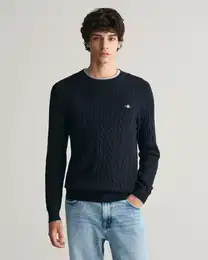 Strickpullover COTTON CABLE C-NECK , Herren, Gr. XXL, blau (evening blau), Strick, Obermaterial: 100% Baumwolle, Basic, regular fit hftlang, Rundhals, Langarm Rippstrickbndchen, Pullover, mit Wappen-Logostickerei auf der Brust