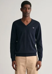 V-Ausschnitt-Pullover Classic Cotton V-Neck , Herren, Gr. 4XL, blau (evening blau), Strick, Jersey, Obermaterial: 100% Baumwolle, unifarben, Basic, regular fit hftlang, V-Ausschnitt, Langarm elastischer Bund, Pullover, Premium Strickjersey aus we