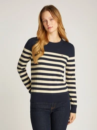 Rundhalspullover CO JERSEY STITCH LS C-NK SWT , Damen, Gr. XXXL (46), schwarz night navy, calico, Strick, Obermaterial: 67% Baumwolle, 33% Polyamid, gestreift, casual, normal hftlang, Rundhals, Langarm Bndchen, Pullover, mit Logostick