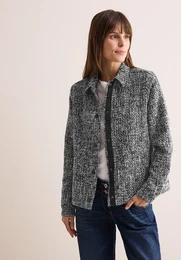 Kurzjacke , Damen, Gr. XXL (46), schwarz, Stoff, 100% Polyester, gemustert, casual, normal normal, V-Ausschnitt, Langarm Bndchen, Jacken, mit Knopfleiste