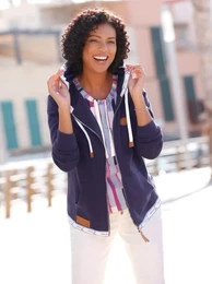 Shirtjacke CASUAL LOOKS Sweatjacke Gr. 44, blau (marine), Damen, 50% Baumwolle, 50% Polyester, unifarben, Shirts