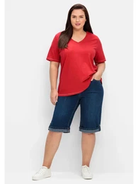 Jeansbermudas Groe Gren , Damen, Gr. 42, Normalgren, blau (blau denim), Obermaterial: 99% Baumwolle, 1% Elasthan, unifarben, casual, comfort fit kurz, Jeans, mit fixierbarem Aufschlag