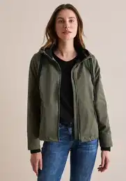 Kurzjacke , Damen, Gr. XL (44), earthy khaki, Stoff, 100% Polyester, unifarben, casual, normal normal, ohne Ausschnitt, Langarm Bndchen, Jacken, mit Kapuze mit Schriftzug