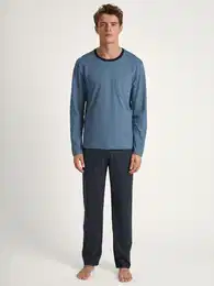 Schlafanzug Relax Essentials , Damen, Gr. XL (56), blau (coronet blau), Obermaterial: 100% Baumwolle, unifarben, casual, bequem lang, Rundhals, Langarm, Homewear-Sets, mit aufgesetzter Brusttasche