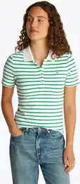 Poloshirt 1985 Slim Fit Pique Premium , Damen, Gr. XXL (44), ecru, radiant grn, Piquu00e9, Obermaterial: 95% Baumwolle, 5% Elasthan, gestreift, casual, slim fit hftlang, Kurzarm abgesteppt, Shirts, mit Logostickerei, mit Seitenschlitz
