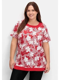 Longshirt Groe Gren , Damen, Gr. 50, rot (rot gemustert), Obermaterial: 100% Baumwolle, gemustert, casual, figurumspielend lang, Rundhals, Kurzarm, Shirts, in A-Linie, mit Blumendruck und Streifen