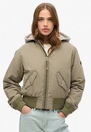 Bomberjacke HOODED MA1 BOMBER JACKET , Damen, Gr. XS, grn (light khaki grn), Web, Obermaterial: 70% Baumwolle, 30% Nylon, unifarben mit Farbeinsatz, casual, relaxed fit, Langarm Rippbndchen, Jacken