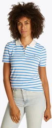 Poloshirt 1985 Slim Fit Pique Premium , Damen, Gr. XL (42), ecru, blau spell, Piquu00e9, Obermaterial: 95% Baumwolle, 5% Elasthan, gestreift, casual, slim fit hftlang, Kurzarm abgesteppt, Shirts, mit Logostickerei, mit Seitenschlitzen