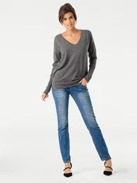 Strickpullover V-Pullover Gr. 44/46, grau (grau, melange) Damen Pullover