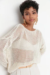 Ecru izjemno iroko prilegajo bombani pulover / perforiran pulover Tricot