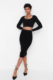 Black Midi Pencil Knitwear Skirt