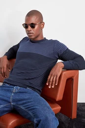 Navy Blue Slim Fit Crew Neck Striped Knitwear Sweater
