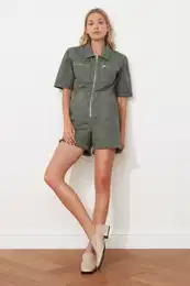 Khaki Elastic Waist Denim Shorts Overalls