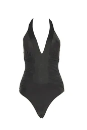 Black Neck-Bound Textured Swimsuit