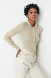 Stone Ribbed Polo Collar Knitted Cardigan