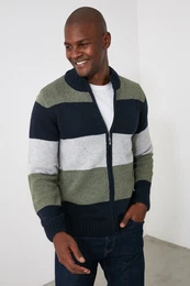 Khaki Slim Wool Half Turtleneck Color Block Knitwear Cardigan