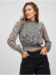 White-black floral short blouse with ruffles - Ladies