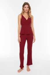 Claret Red Ribbed Rope Strap Knitted Pajama Set