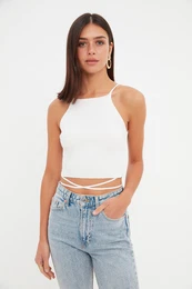 Ecru Crop Tie Detailed Knitwear Blouse