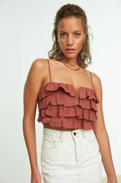 Brown Crop Woven 100% Cotton Ruffle Beach Blouse