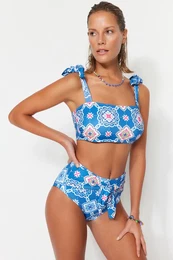 ploice vzorasto dno bikinija z visokim pasom s podrobnostmi kravate