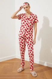 Pink Strawberry Patterned Piping Sleep Band Knitted Pajama Set