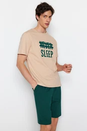 Beige Regular Fit Knitted Summer Short Pajamas Set