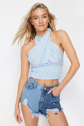 Blue Woven Gipe Detailed Blouse