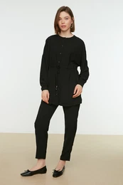 Tie Waist Shirt-Pants Black Woven Suit