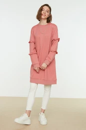 Dried Rose Crewneck Knitted Tunic With Frill Sleeves