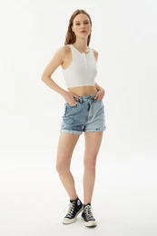 Blue Color Block Asymmetric Closure Denim Shorts