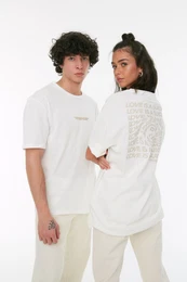 White Unisex Oversize/Wide Cut Text Printed 100% Cotton T-Shirt