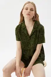Green Viscose Animal Patterned Shirt-Shorts Woven Pajamas Set
