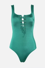 Green Eyelet and Tie Detailed Swimsuit