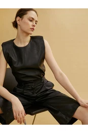 Women's Leather-Look Crew Neck Short Sleeve Blouse