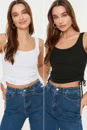 Black and White 2-Pack Gathered Detailed Pool Neck Ribbed Elastic Knitted Undershirt