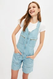 Blue Pocket Detailed Zipper Denim Overalls