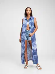Dress sleeveless linen maxi tie dye shirtdress - Women's