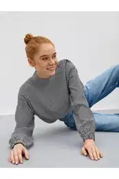 Women's Checkered Blouse Long Sleeve High Neck Button Detailed