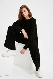Black Basic Crew Neck Knitwear Bottom-Top Set
