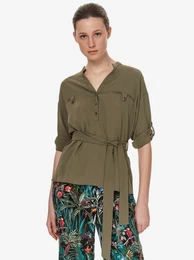 Khaki women's blouse with tie at the waist - Women