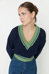 Navy Blue Crop College Themed Knit Sweater