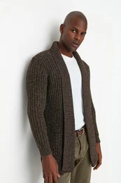 Brown Regular Fit Wool Shawl Collar Long Knitted Cardigan