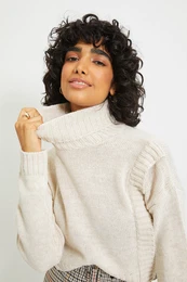 Beige Crop Turtleneck Knitwear Sweater